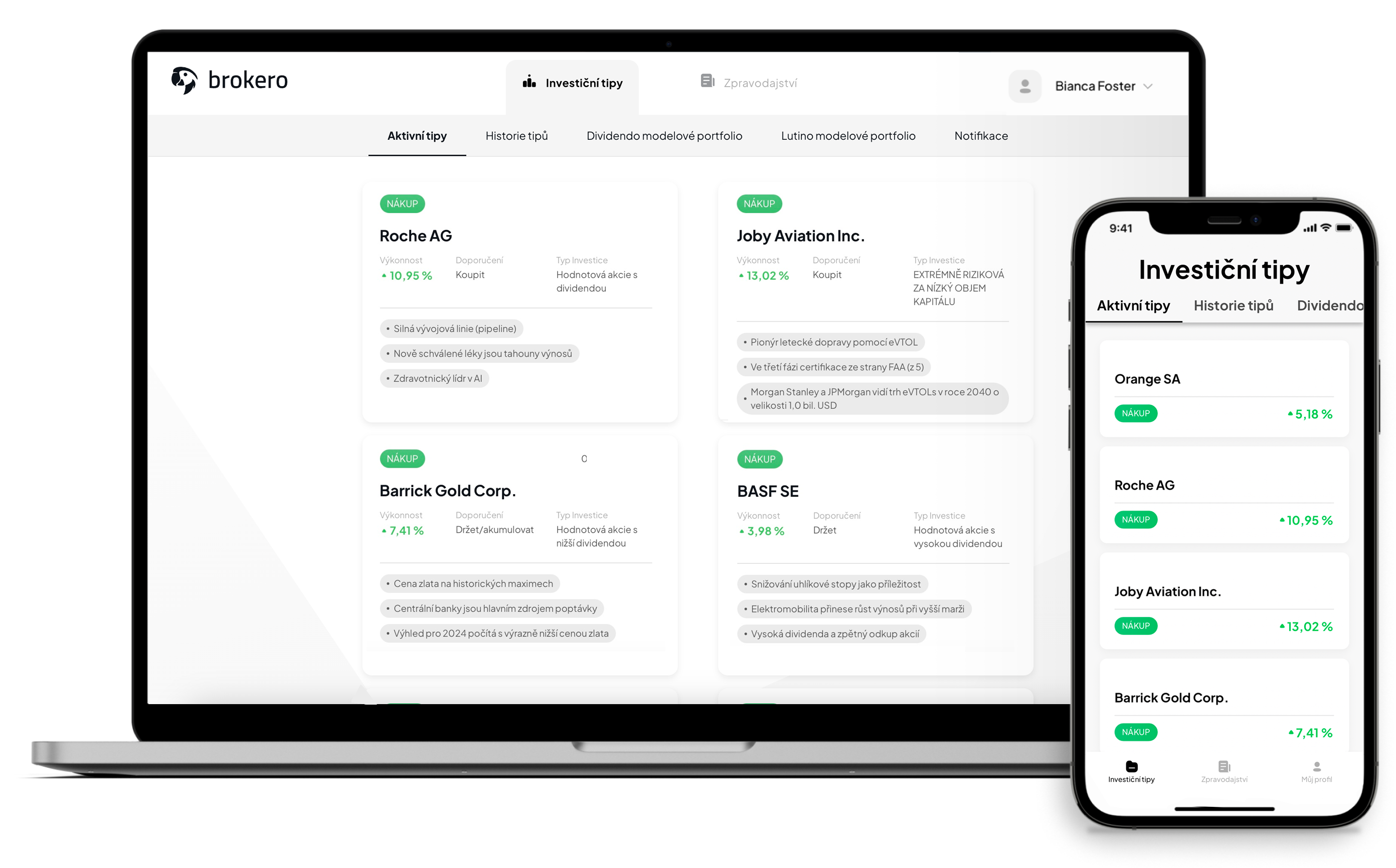 Brokero aplikace na počítači a telefonu